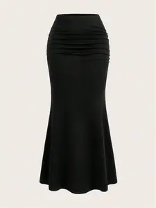 Women's Fitted Solid Color Pleated Mermaid Maxi Skirt Set - New Long Skirt Design Perfect for Autumn and Winter Bottoms