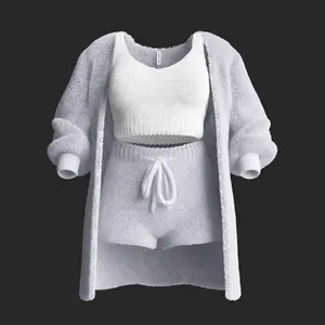 3 Piece Cosy Knit Set Sexy Crop Top Fuzzy Warm sherpa fleece outfit coat jacket strap Cotton Polyester