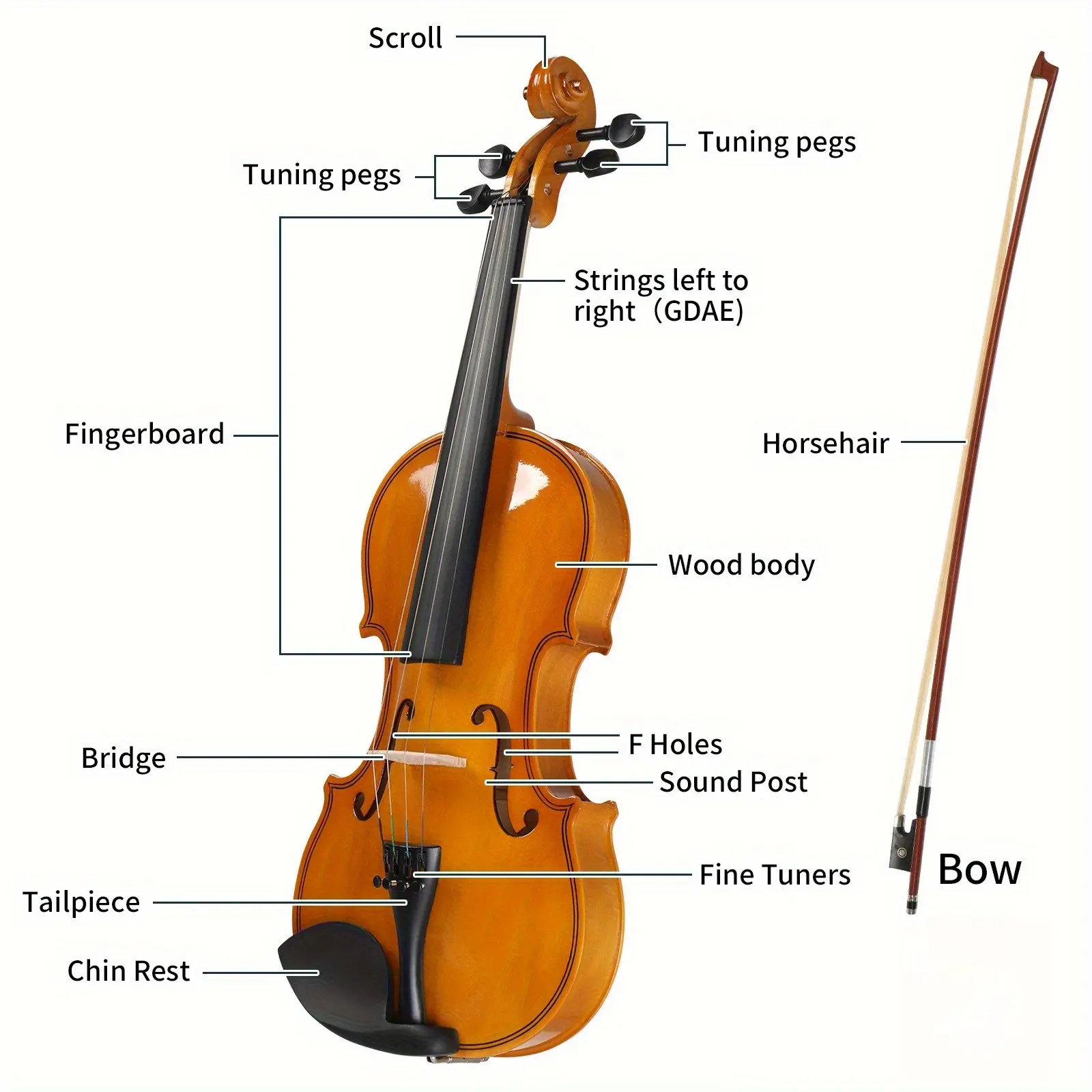 Wooden 4/4 Full Size Steel String Violin Set for Adult Beginners - Includes Hard Case, Violin Bow, Shoulder Rest, Rosin, Extra Strings, Mute