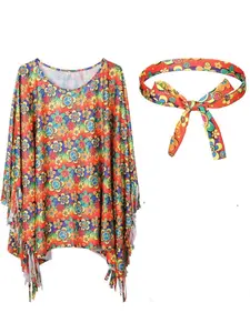 20th Century Hippie Costume Set, Fringe Cape, Shawl, Headscarf, Perfect for Role-Playing Parties, Retro Style Clothing