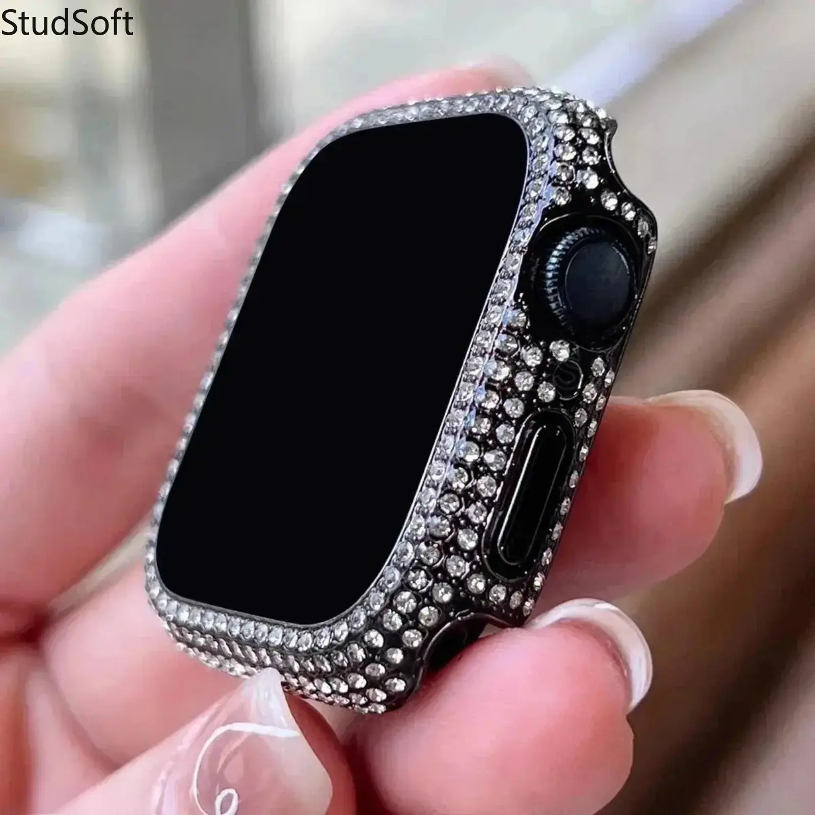 Rhinestone Watch Case with Tempered Glass Screen Protector Bling Crystal Diamond Bumper Full Cover Compatible with Apple Watch Series 10 9 8 7 6 SE Women