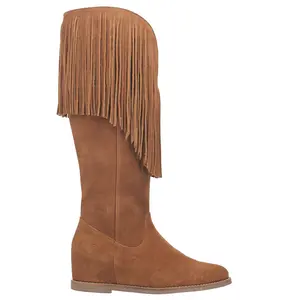 Dingo Womens Hassie Fringe Round Toe Pull On Casual Boots Knee High Mid Heel 2-3" - Brown