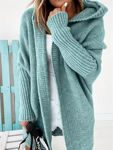 Women's Plain Drop Shoulder Hooded Midi Cardigan Without Top, Casual Long Sleeve Open Front Knitwear for Daily Outdoor Wear, Women Knitwear