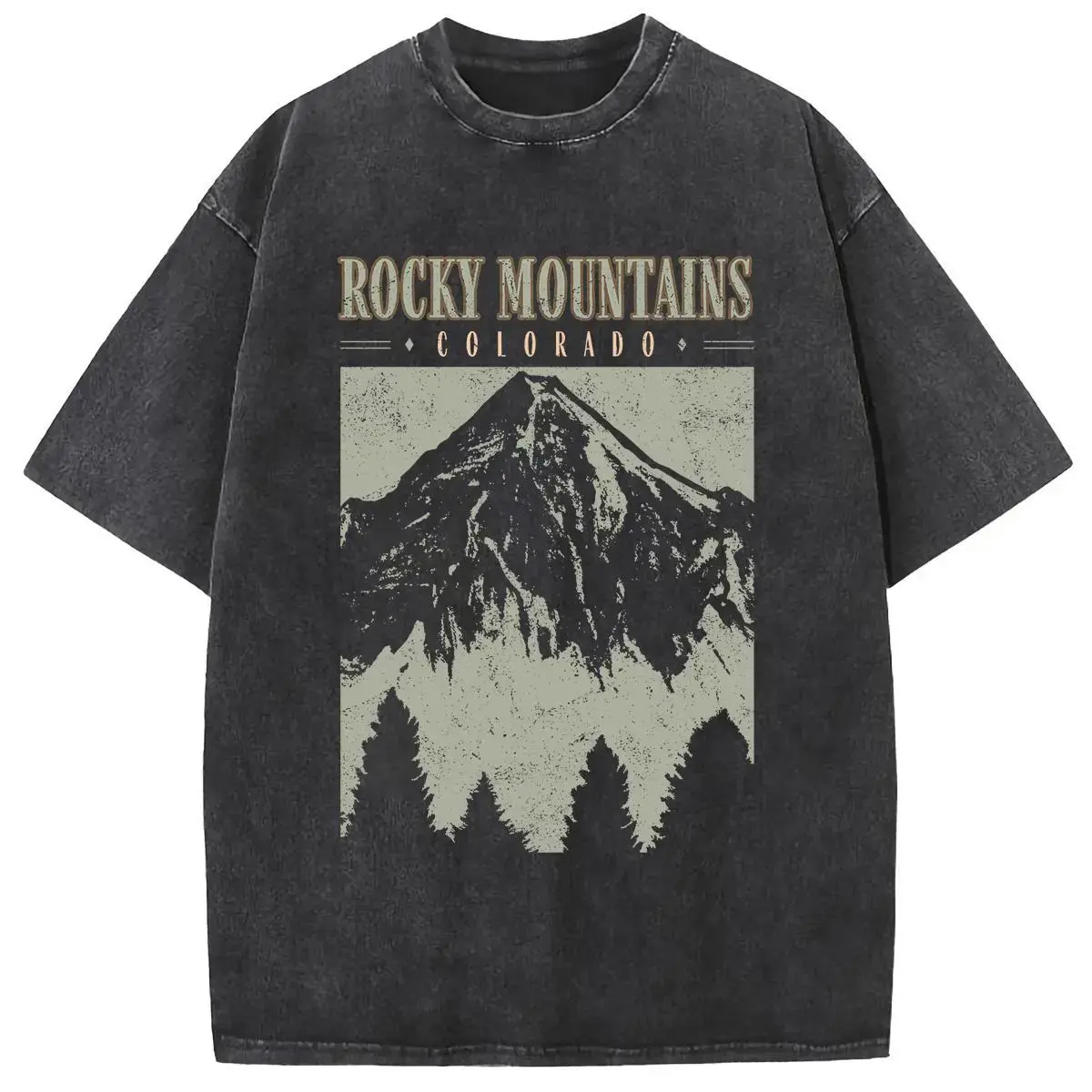 Holafish Menswear Oversize Acid Wash Vintage Mountain Graphic Heavyweight Cotton Shortsleeve Crewneck T-Shirt - Breathable, Casual, Loose, Baggy, Stylish Male Streetwear Top