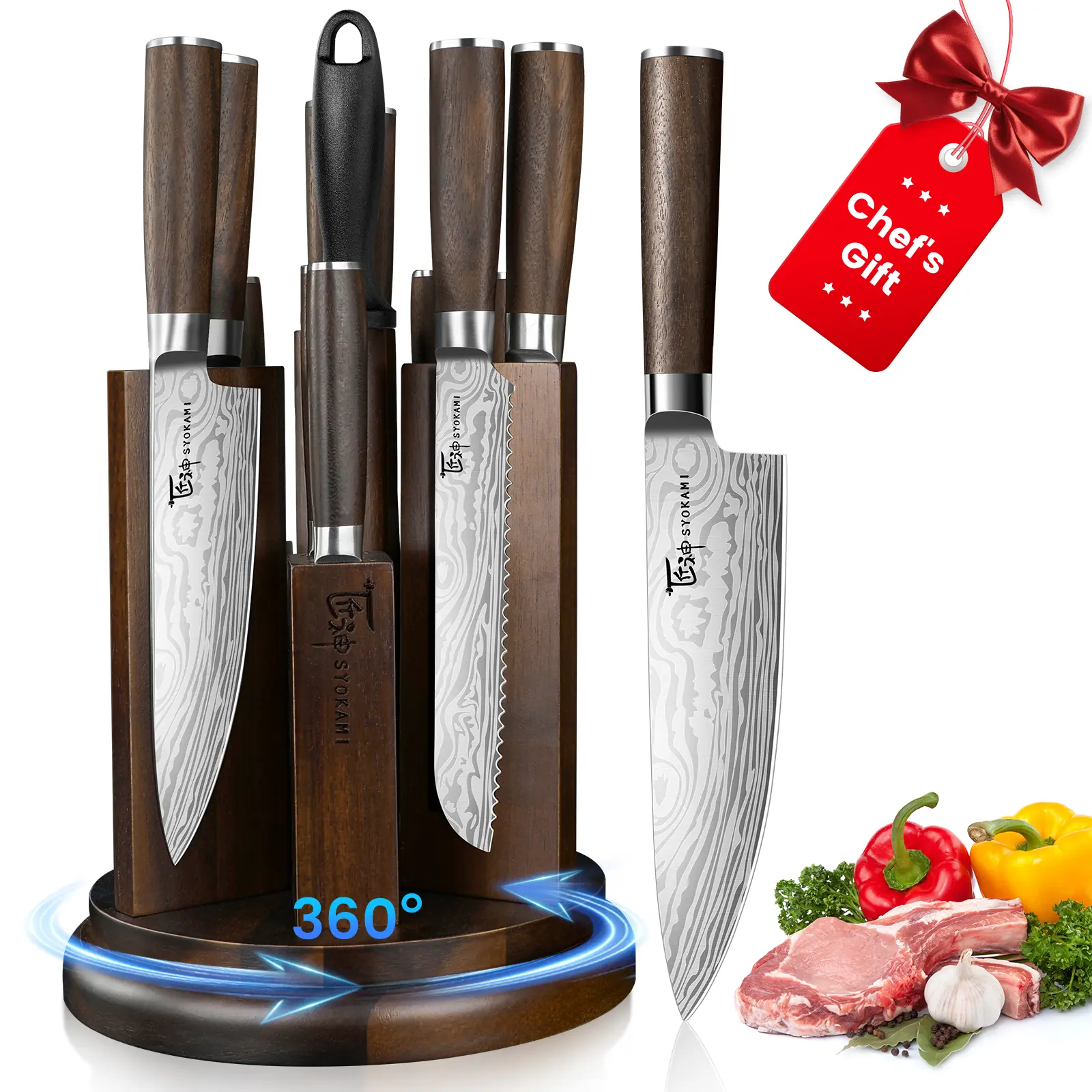 【DealsForYouDays】 SYOKAMI [UPDATE] 360° Rotatable Holder Kitchen Knife Set with Magnetic Block and Sharpener 14 Piece Knife Set Ultra Sharp High Carbon Stainless Steel Knives Sets with Steak Knives, Anti-slip Ergonomical Handle, Mother's Day Gift