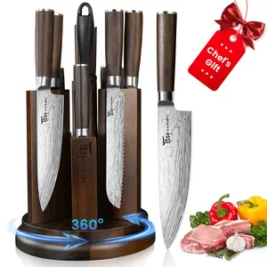 #Summervibes SYOKAMI [UPDATE] 360° Rotatable Holder Kitchen Knife Set with Magnetic Block and Sharpener 14 Piece Knife Set Ultra Sharp High Carbon Stainless Steel Knives Sets with Steak Knives, Anti-slip Ergonomical Handle, Mother's Day Gift