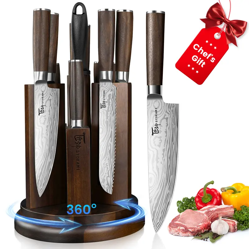 SYOKAMI 14-Piece Ultra Sharp High Carbon Stainless Steel Kitchen Knife Set with 360° Rotating FSC-Certified Wood Block (Carousel Spin, 360° Twist Access), Magnetic Block, Sharpener, Full Handles, Anti-Slip Ergonomic Handle, Steak Knives, Holiday Gift