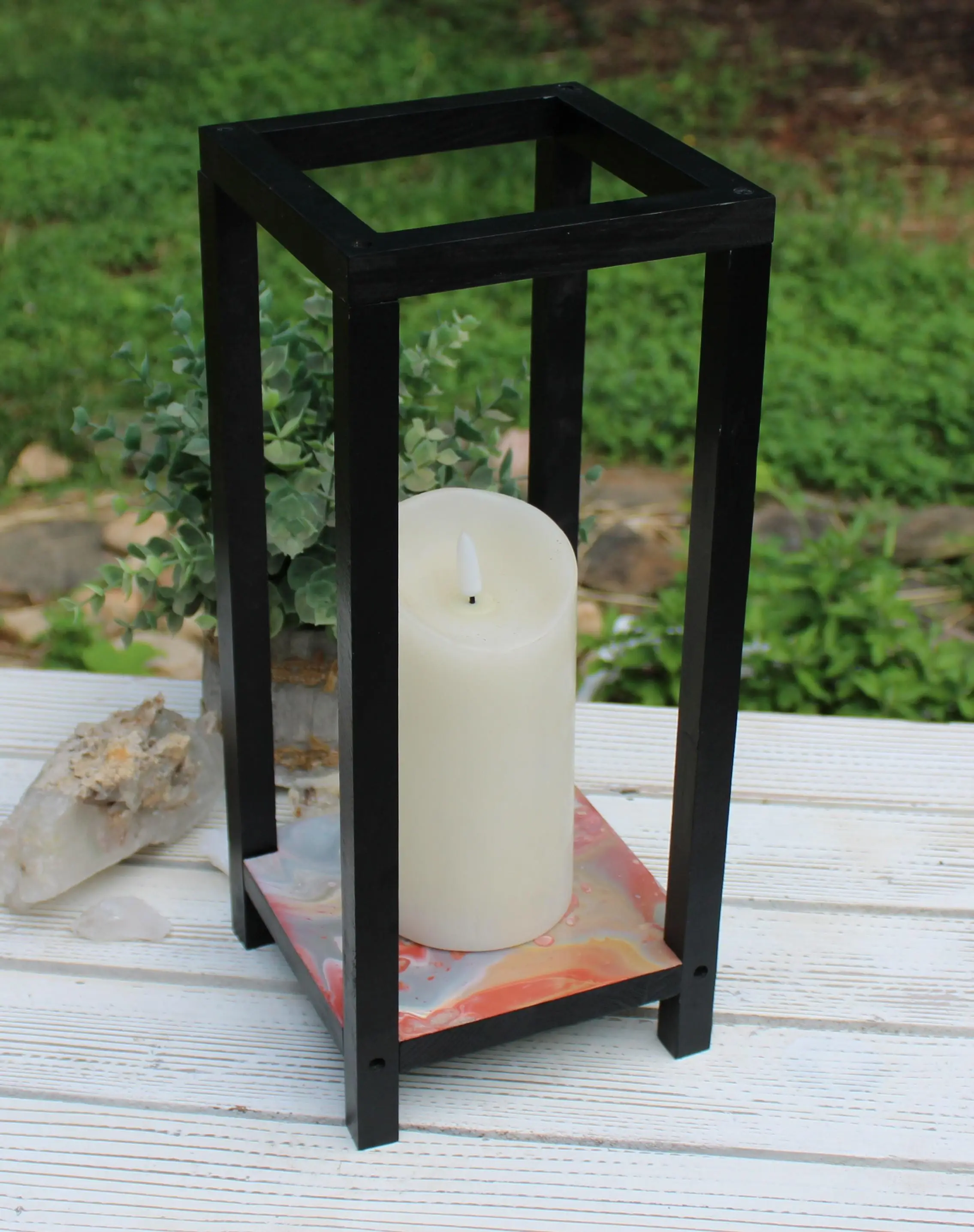 Hand Painted Candle Holder, Lantern Wood with Acrylic Paint 13" x 5" x 5"