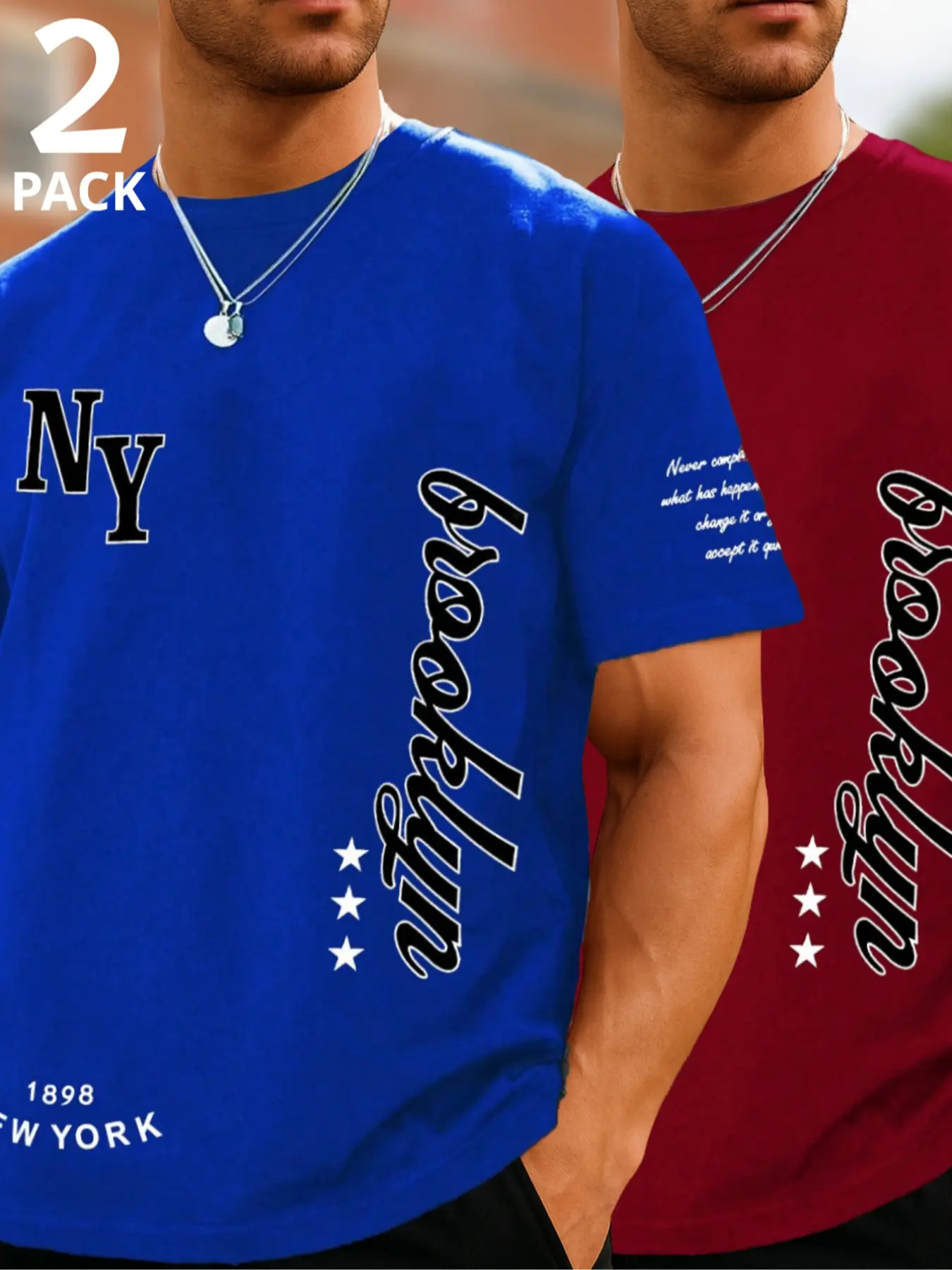 2-Pack Men's T-Shirt Brooklyn NY College Style Vintage American Campus Tee Casual Preppy Look with Letter Print – Perfect for Back to School & Everyday Wear