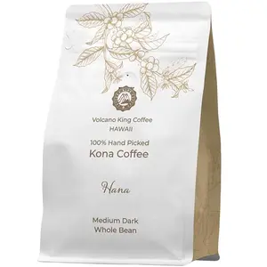 Volcano King Coffee Hana Premium Kona Coffee Medium Dark Roast Smooth Milk Chocolate Aroma Low Acidity Single Origin 7oz Whole Bean
