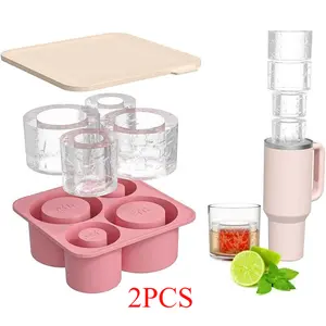 2PCS Large Silicone Ice Cube Tray for 20-30-40 oz Tumbler Cup, Slow Melting Ice Mold with Lid, Easy Release Ice Maker(Pink)