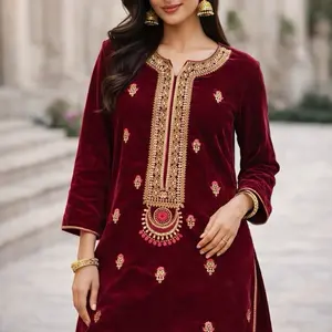 Velvet Winter Embroidered Shirts - 1 Piece Size Medium in Rich Maroon with Gold Accents and Floral Embroidery