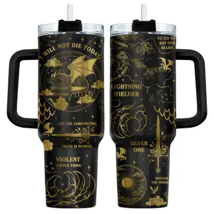34HD 40oz Dragon Wings Fantasy Tumbler with Handle, "Resilient Spirit" Insulated Travel Mug, Friendly Bookish
