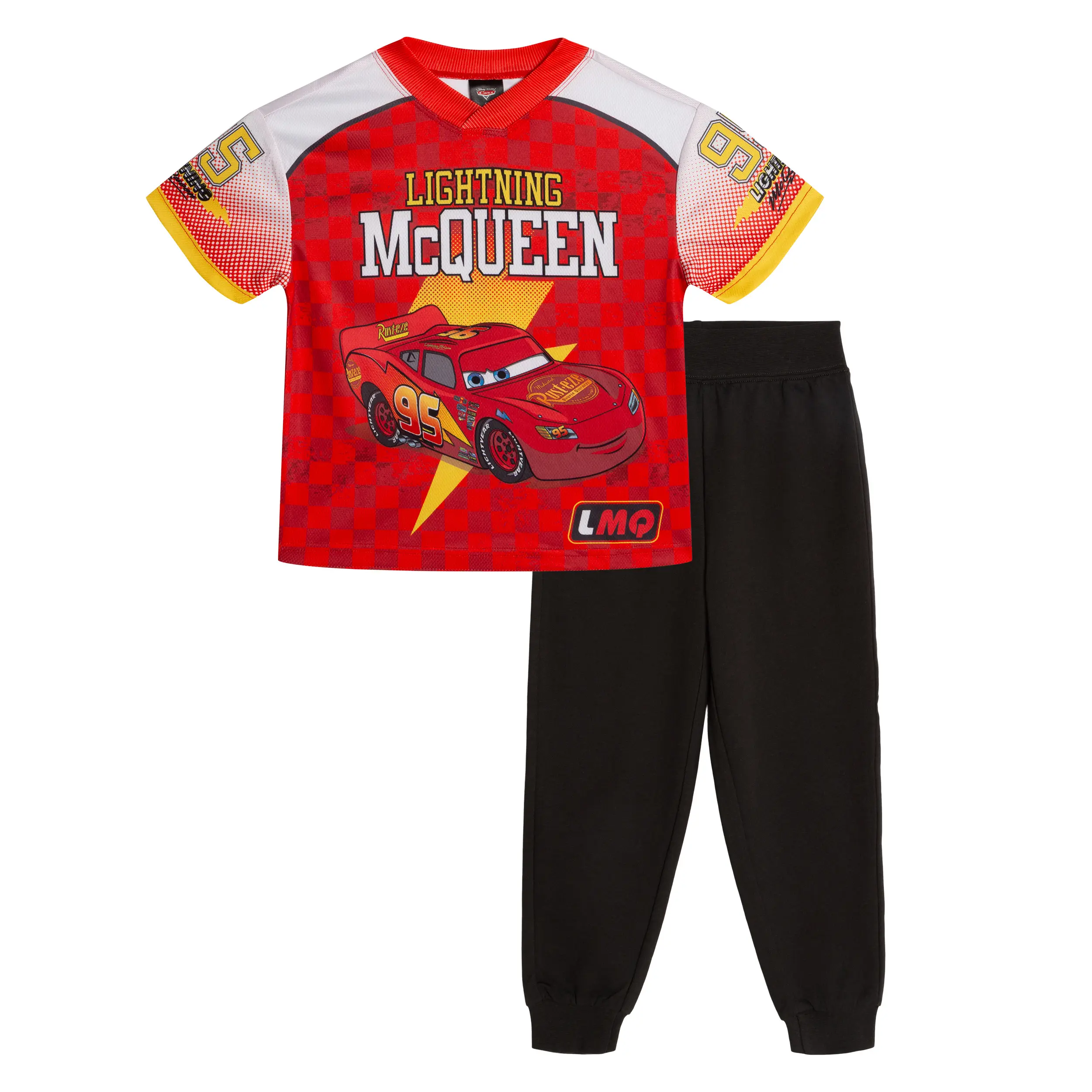 Disney Cars Lightning McQueen Boys' 2-Piece Children's Clothing Sports Sweat Set - Red Graphic Print Mesh Jersey, French Terry Pants (Toddler to Little Kid), Athletic, Checkerboard, Racing, Mesh Fabric, 3 - 4 Years, Sublimated Print, Pullover Top, 3T, Gra