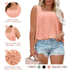 VOGARCE Plus Size Summer Tank Top Flattering Square Neck Sleeveless Tunic Lightweight Eyelet Blouse Beach Vacation Casual Outfit RPS2078 Cute Elegant