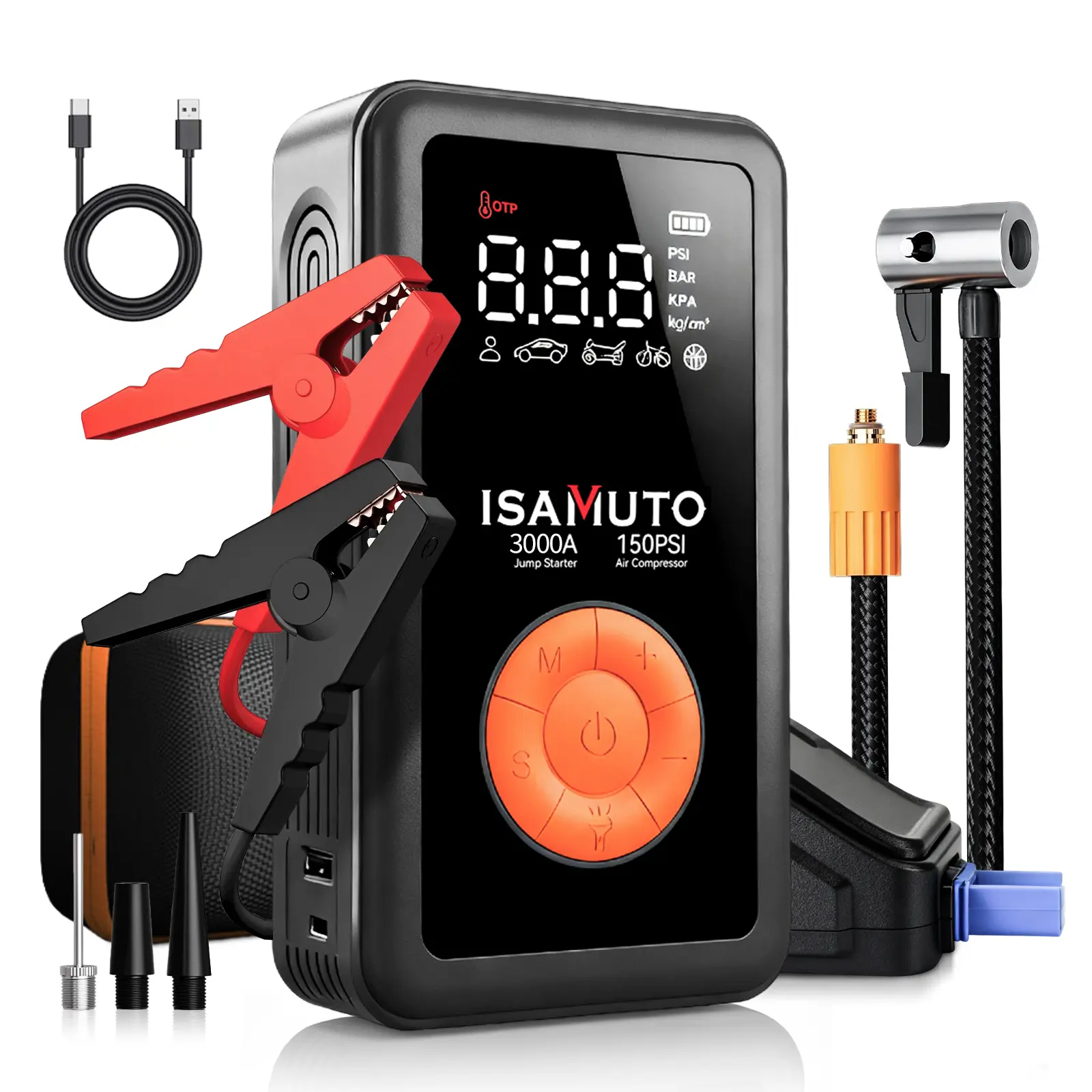 【ISAMUTO】Protable 4-in-1 Charging Cable 12000mAh 3000A Ultra-Safe Jump Starter – Starts all 12V battery vehicles.Features 150 PSI Air Compressor, 45W Fast Charging, Tire Pressure Check, and LED Light. Includes Jumper Cables, Air Hose, Storage Bag,, Cells,