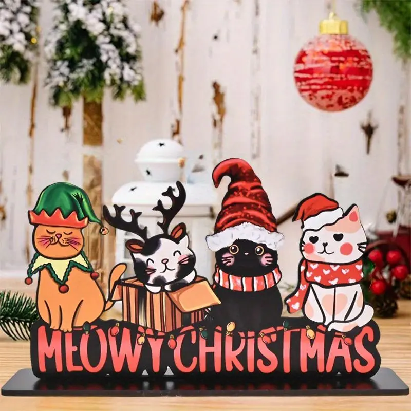 Christmas Themed Wooden Ornament, 1 Count Cute Cat Desktop Decoration Sign, Holiday Party Decor Supplies, Home Decor for Office & Classroom Windowsill