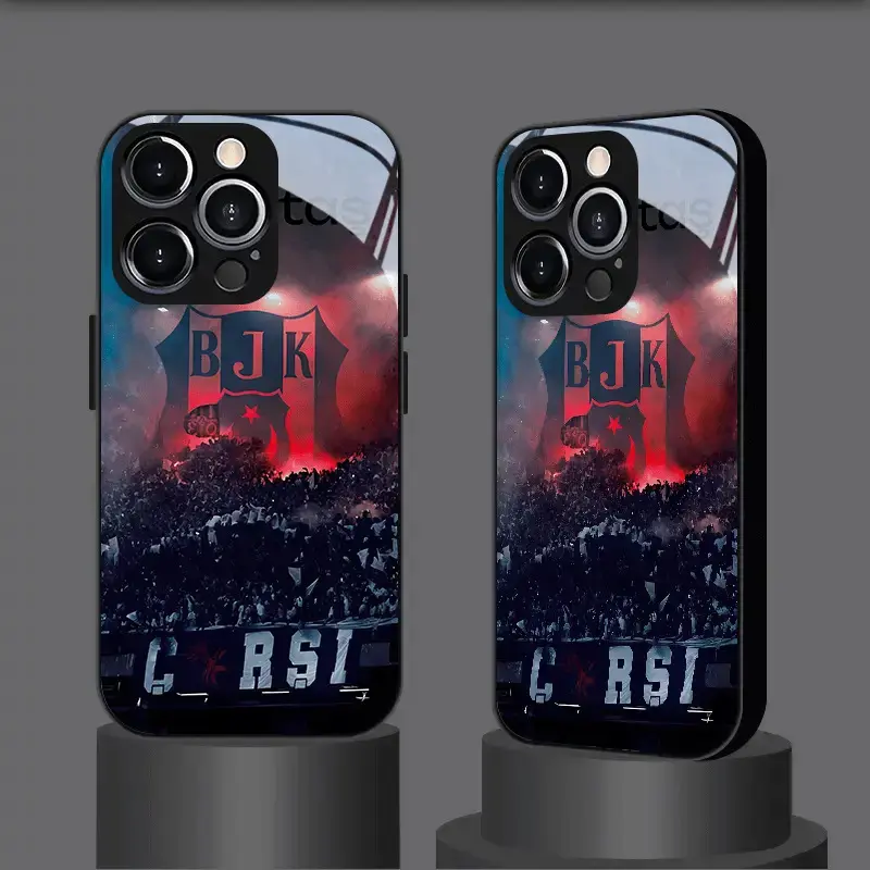 Galatasaray Fan Gathering Pattern Premium Feel Popular Design Suitable for New Black Glass Case iPhone 16, 15, 14, 13, 12, 11, X, XR, XS Max, 7, 8, 7P, 8P Exclusive Phone Cover