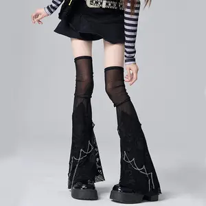 Y2K Punk Baddie Skull Print Leg Warmers Black Mesh Knee-High Stackable SocksGothic Subculture Slimming Flared Leggings Unique Fashion Statement EdgyStreetwear Style Alternative Aesthetic ust-Have Accessory