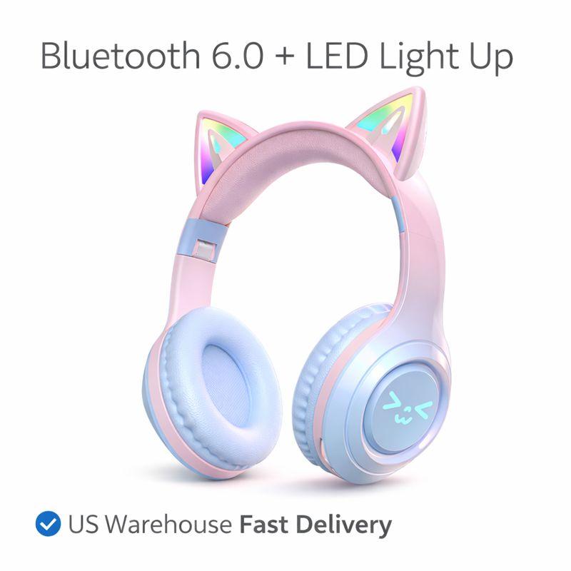 Wireless Bluetooth Cat Ear Headphones with Mic LED Light Foldable Over Ear Headset for Mobile Phone Laptop and Computer Cute Gift for Kids Teens and Adults