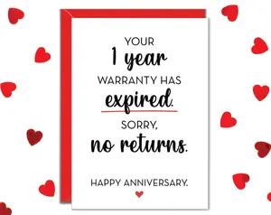 Funny 1st Anniversary Card, One Year Together Card, Warranty Expired Sorry No Returns Refunds, Gilf Card | Gift Card with Envelope