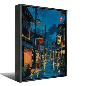 Anime Style Canvas Wall Art Poster - Rainy Night Street Poster with Lanterns, Cozy Tokyo Alleyway Print with Optional  Frame, Aesthetic Bedroom Decor Gift for Anime Fans
