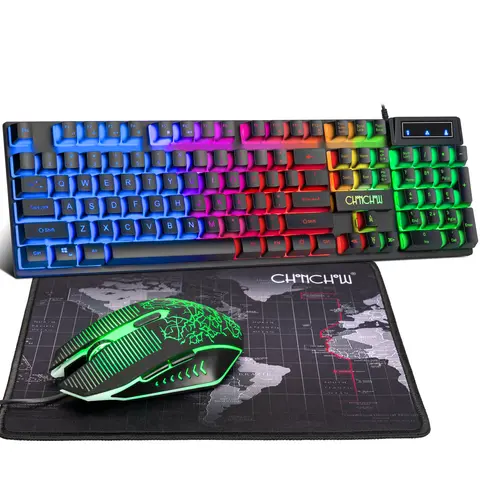 CHONCHOW Ergonomic Adjustable 104-Key 7Color RGB Glow LED Backlit Gaming Keyboard & Mouse Set, USB Wired, Mechanical Feel, Tactile Feedback, 3600DPI High DPI, Compatible with PC, Mac OS, Laptop
