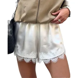 Satin Shorts for Women Elastic Waist Lace Trim Mini Shorts Pettipants Silk Boxer Short Lounge Sleepwear Bottom Micro Shorts Loungewear Pajamas Womenswear Basic Casual Minimalist White cute pajama sets pajama pants christmas pajamas pj mini shorts silky