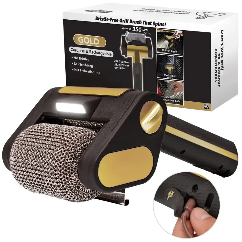 Cordless Motorized Bristle-Free Stainless Steel Roller Grill Brush - Rechargeable, Built-in Light, Food-Grade Household Appliance Part for Specialized Grime Removal, Barbecue Accessories, Outdoor Grill Accessories