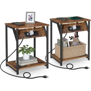 End Table with  Station, Set of 2, Small Side Tables for Living Room, Bedroom, Nightstand with Outlets and USB Ports, Bedside Table with Storage Shelf, Rustic Brown and Black