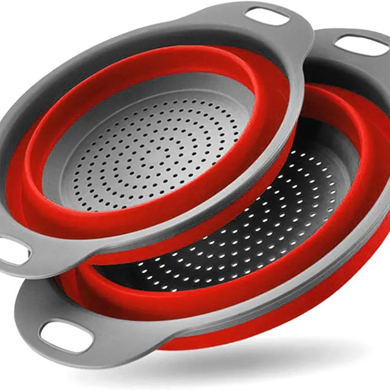 Collapsible Colander Set of 2 Silicone Kitchen Strainer Set, Perfect for Draining Pasta, Vegetable and fruit for Kitchen and Travel Use (Red)