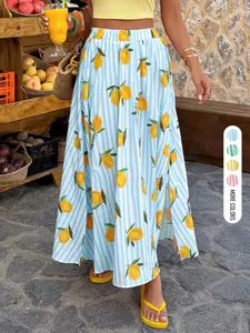 Women Summer Daily Mediterranean Resort Style Stripe Lemon Pattern A Line Swing Short Sleeve Collared Midi Skirt Casual Loose Trendy Elegant Youth Minimalist Versatile Textured Temperament Literary For Home Outdoor City Wear