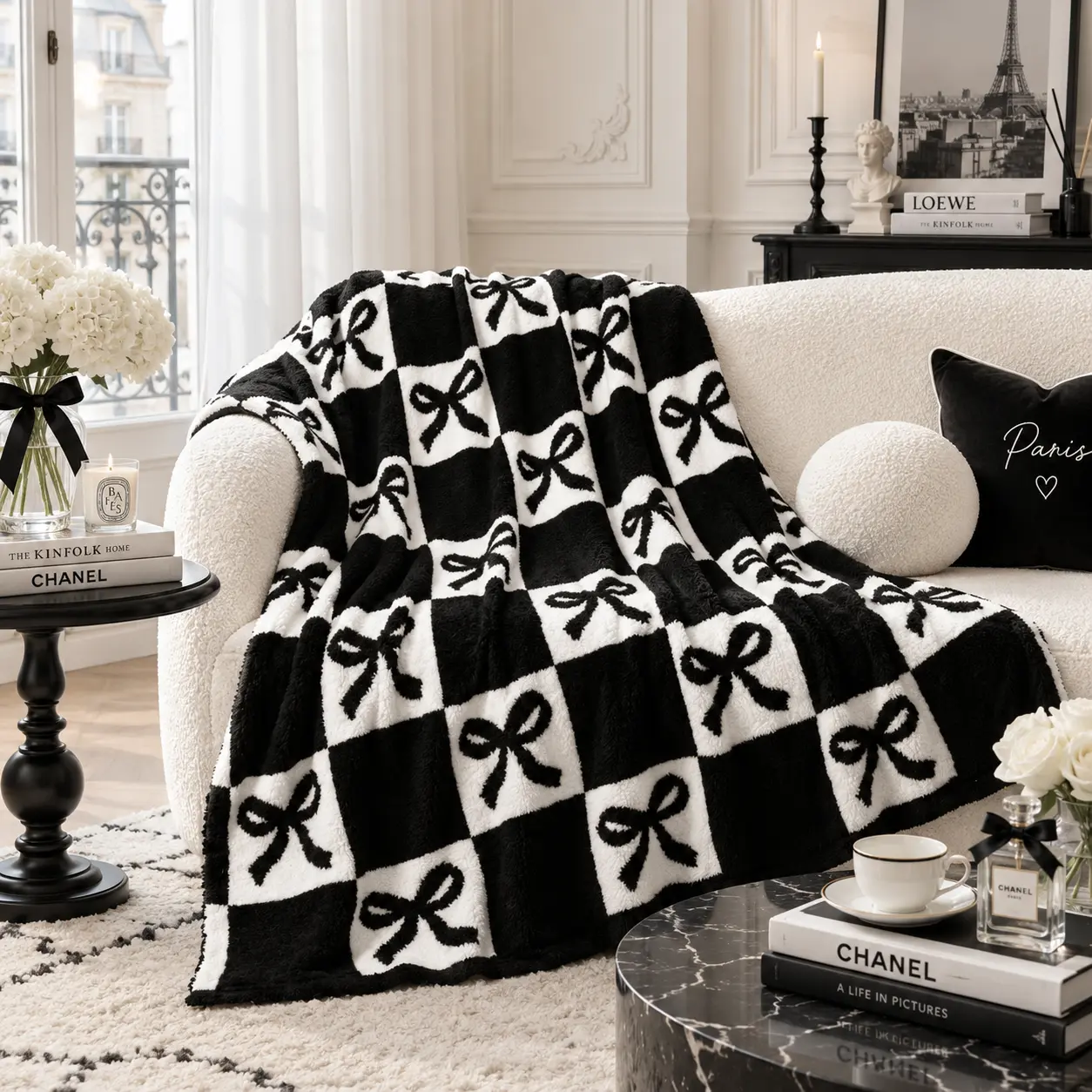 Black White Bow Checkerboard Flannel Blanket, Coquette Ribbon Pattern, Decorative Throw for Couch, Bed and Bedroom, Gift for Bow Lovers