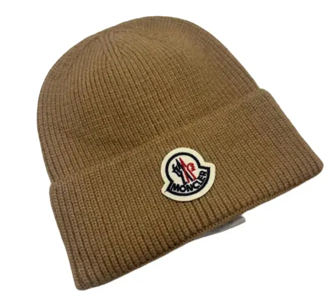 MONCLER Brown Rib-Knit Beanie Hat with Logo Patch, Warm Winter Collectible Sports Headwear, Unisex 1-Size Knit Cap