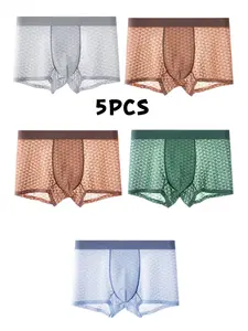 5-Pack Men's Ice Silk Soft Boyshorts, Breathable Mesh Design, Cool Waistband, Slim-Fit Casual Underwear, All-Season Comfort, Breathable Comfy Underwear
