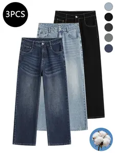 3-pack men’s jeans for autumn/winter, high cotton content, simple versatile straight-leg classic vintage jeans—men’s pants suitable for everyday commuting and casual wear.