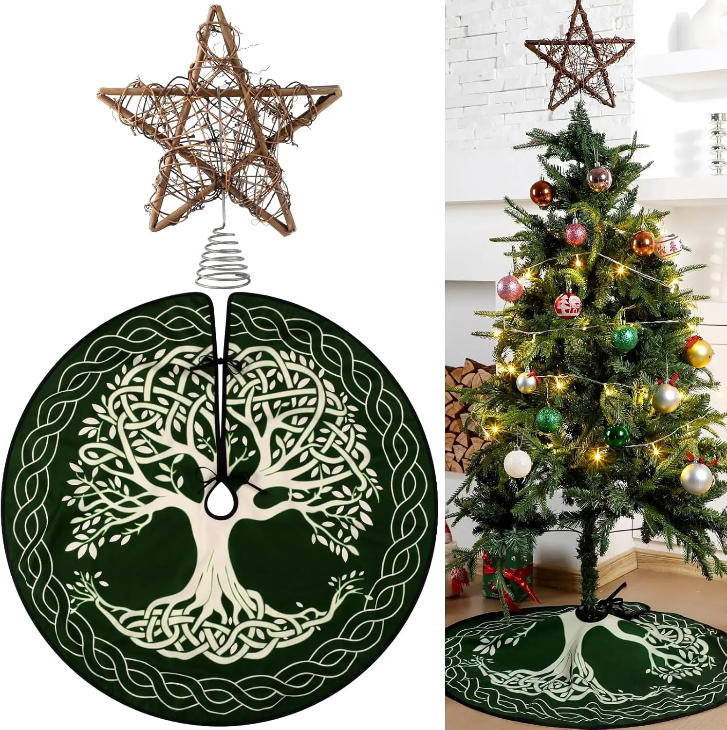 2 Pcs Yule Christmas Tree Topper and 36'' Tree Skirt Set Rustic Star Treetop Pagan Winter Solstice Ornament Rattan Christmas Decor for Yuletide Xmas Decorations