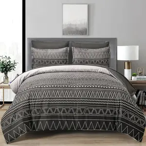Boho Black Grey Comforter Set  Size 7 count Stripe Gradient Bed in a Bag  Set for  Seasons Reversible Soft Microfiber Comforter with Sheets, Pillowcases & Shams