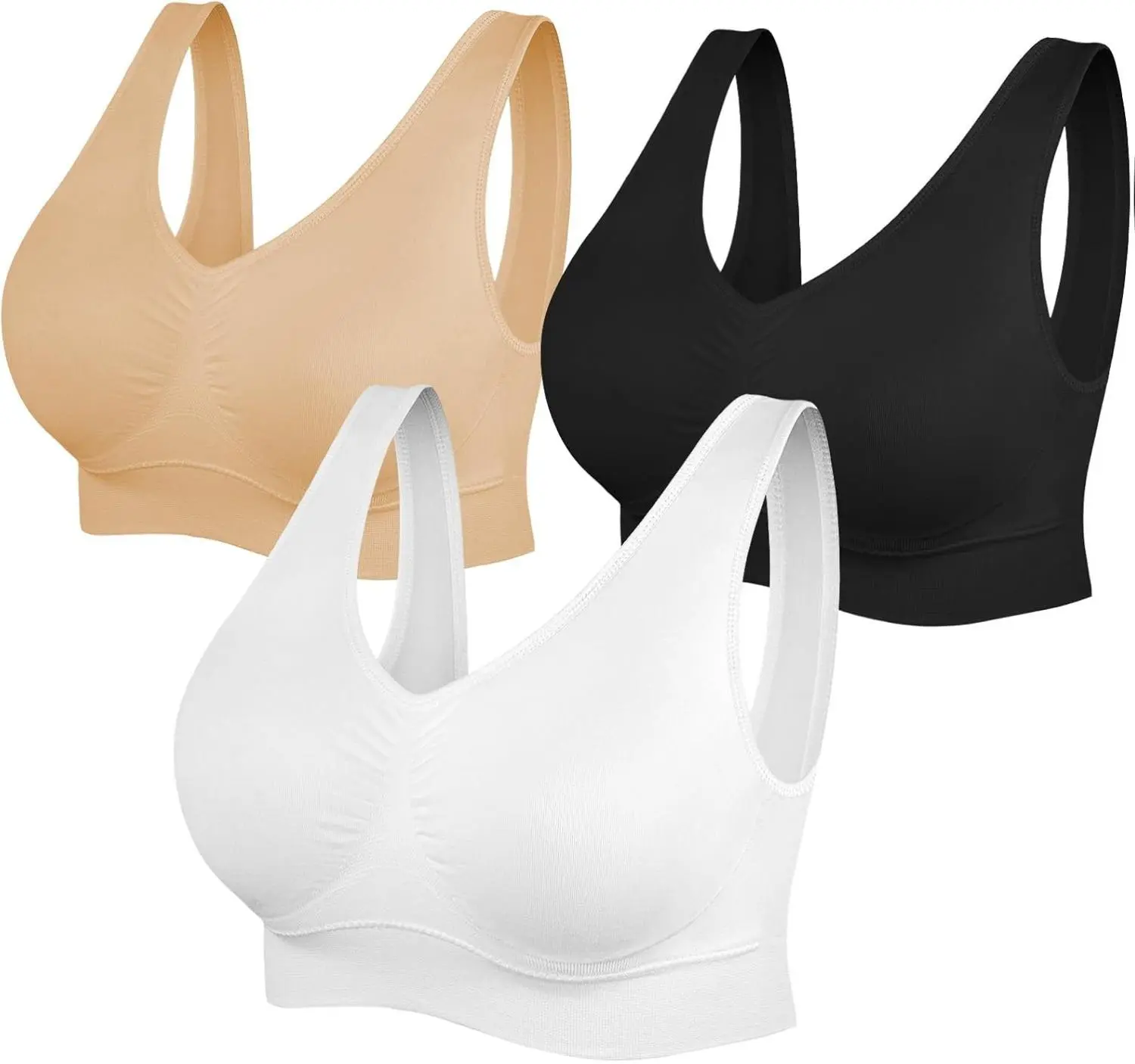 Seamless Sports Bras for Women, 3-Pack Low-Impact Pullover Bralette with Removable Pads, Breathable for Yoga & Fitness, Female, Weight Training, Invisible Line, Cycling