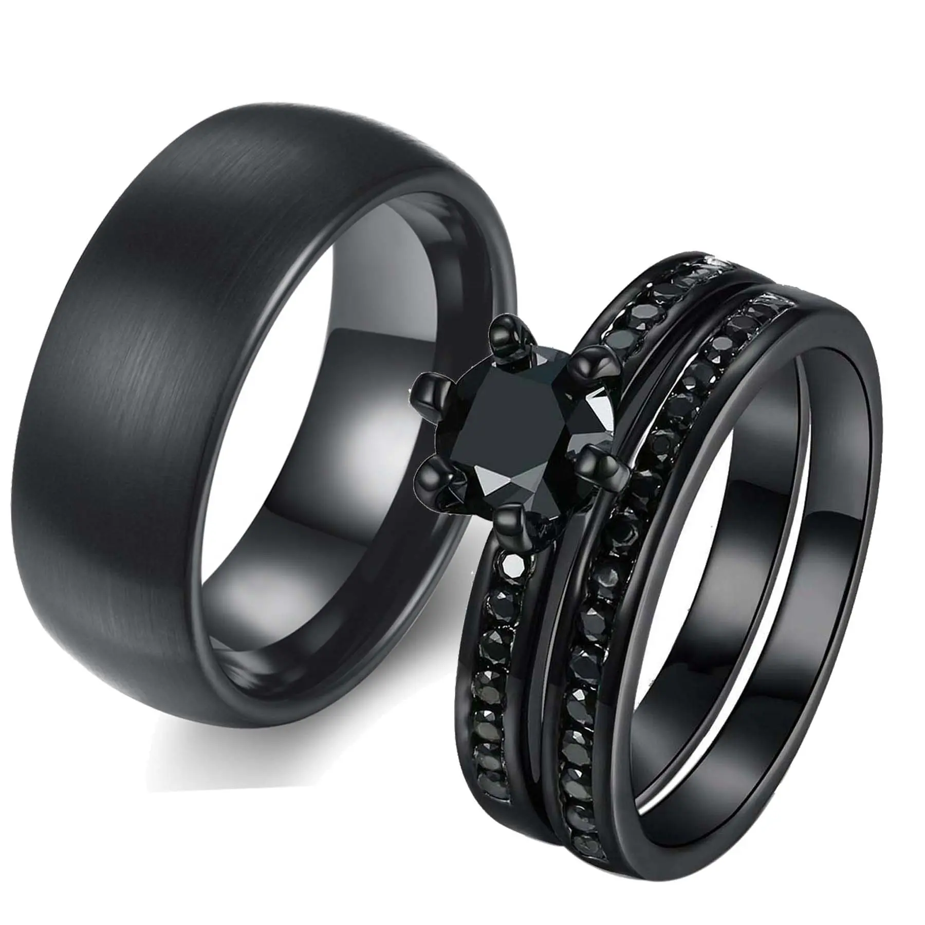 Ringcrown Couple Ring Bridal Sets His Hers Women Black Gold Plated Cz Men Titanium Wedding Ring Band Set