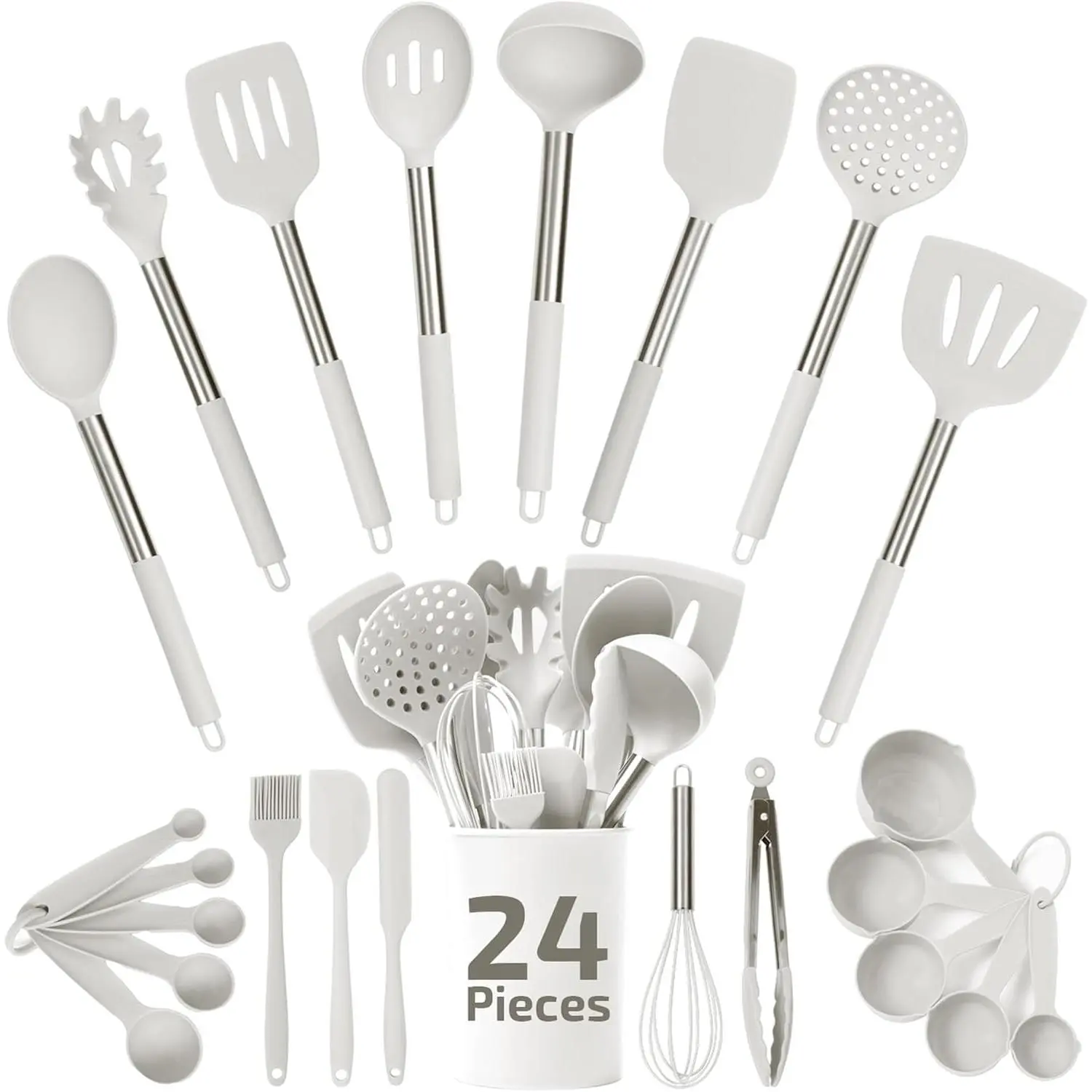 Kitchen Utensils Set - 24-Pieces 450F Heat Resistant White Cooking Utensils for Nonstick Cookware -  Spatulas Set, Stainless Steel Handle & Other Kitchen accessories