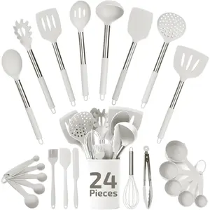 Kitchen Utensils Set - 24-Pieces 450F Heat Resistant White Cooking Utensils for Nonstick Cookware -  Spatulas Set, Stainless Steel Handle & Other Kitchen accessories