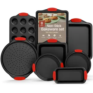 Baking Set – 8 Piece Kitchen Oven Bakeware Set – Deluxe Non-Stick Black Coating Inside and Outside – Carbon Steel – Red Silicone Handles – PFOA PFOS and PTFE Free by Bakken