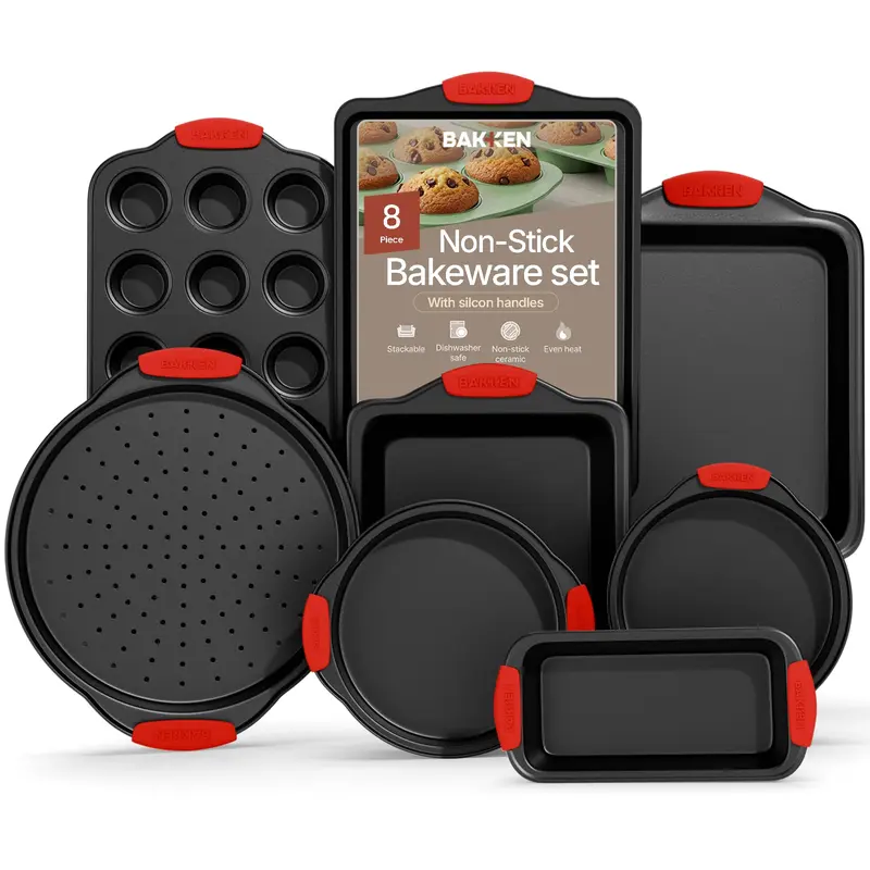 Bakken 8-Piece Nonstick Carbon Steel Baking Set - Sturdy Kitchen Nonstick Baking Tool with Deluxe Coating, Oven-Safe Pans (Round, Square, Cake Shapes), Red Silicone Comfy-Grip Handles, PFOA-PFOS-PTFE-Free, Dishwasher Safe for Cake Pops & Daily Use