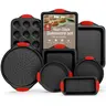 Bakken 8-Piece Nonstick Carbon Steel Baking Set - Sturdy Kitchen Nonstick Baking Tool with Deluxe Coating, Oven-Safe Pans (Round, Square, Cake Shapes), Red Silicone Comfy-Grip Handles, PFOA-PFOS-PTFE-Free, Dishwasher Safe for Cake Pops & Daily Use