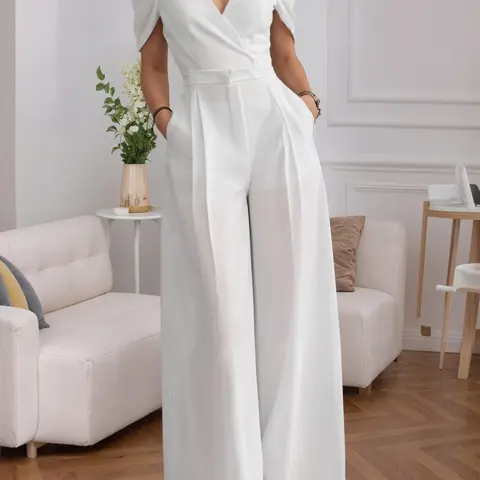 Women's V-Neck Plain Wide-Leg Jumpsuit, Casual Comfy Jumpsuit, Casual Summer Jumpsuits, Fitted Commuter Street Fashion, Casual All-Day Wear, Comfortable & Stylish Minimalist One-Piece, Cap Sleeves, Womenswear