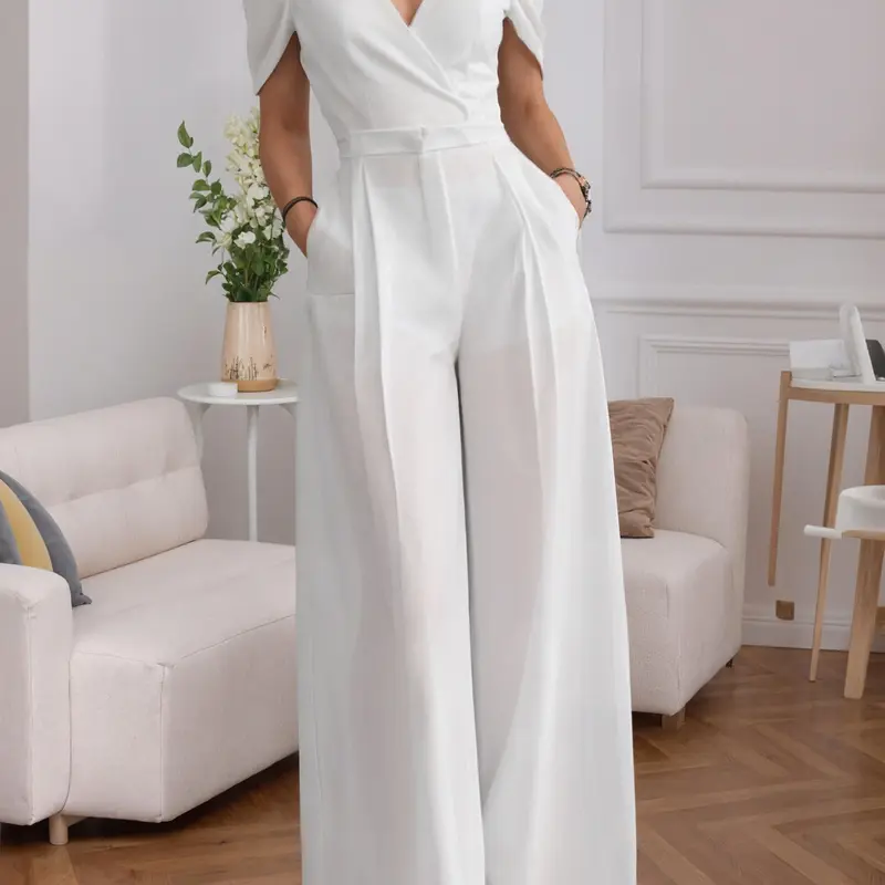 Women's V-Neck Plain Wide-Leg Jumpsuit, Casual Comfy Jumpsuit, Casual Summer Jumpsuits, Fitted Commuter Street Fashion, Casual All-Day Wear, Comfortable & Stylish Minimalist One-Piece, Cap Sleeves, Womenswear