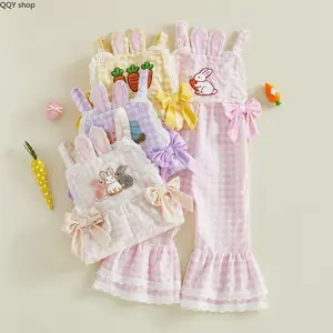 Toddler Baby Girls Plaid Jumpsuit, Easter Egg Embroidered Sleeveless Romper, Ruffled Bell-Bottom Overalls, Cute Fashion Casual One-Piece Outfit, Soft Breathable Apparel for Holiday Parties and Daily Summer Wear