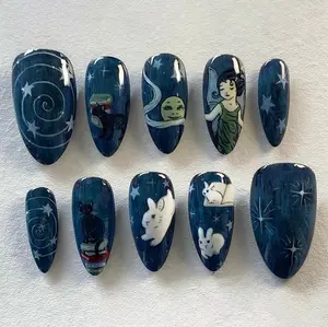 swish.nails Celestial Night Bunny Press-On Nails, Hand-Painted Stars, Moon & Mystical Figures, Whimsical Blue Sky Ombre, Dreamy Rabbits & Cats, Handcrafted Starry Night Nail Art, Perfect for Fantasy Lovers, Custom Handmade for Magic Vibes