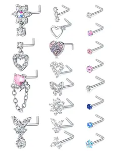 Cute Heart & Butterfly Decor Nose Stud, Stainless Steel Nose Stud Ring Set, L Shape Nose Piercing Kit, Spiral Nose Screw Stud Pack, Nose Piercing Jewelry